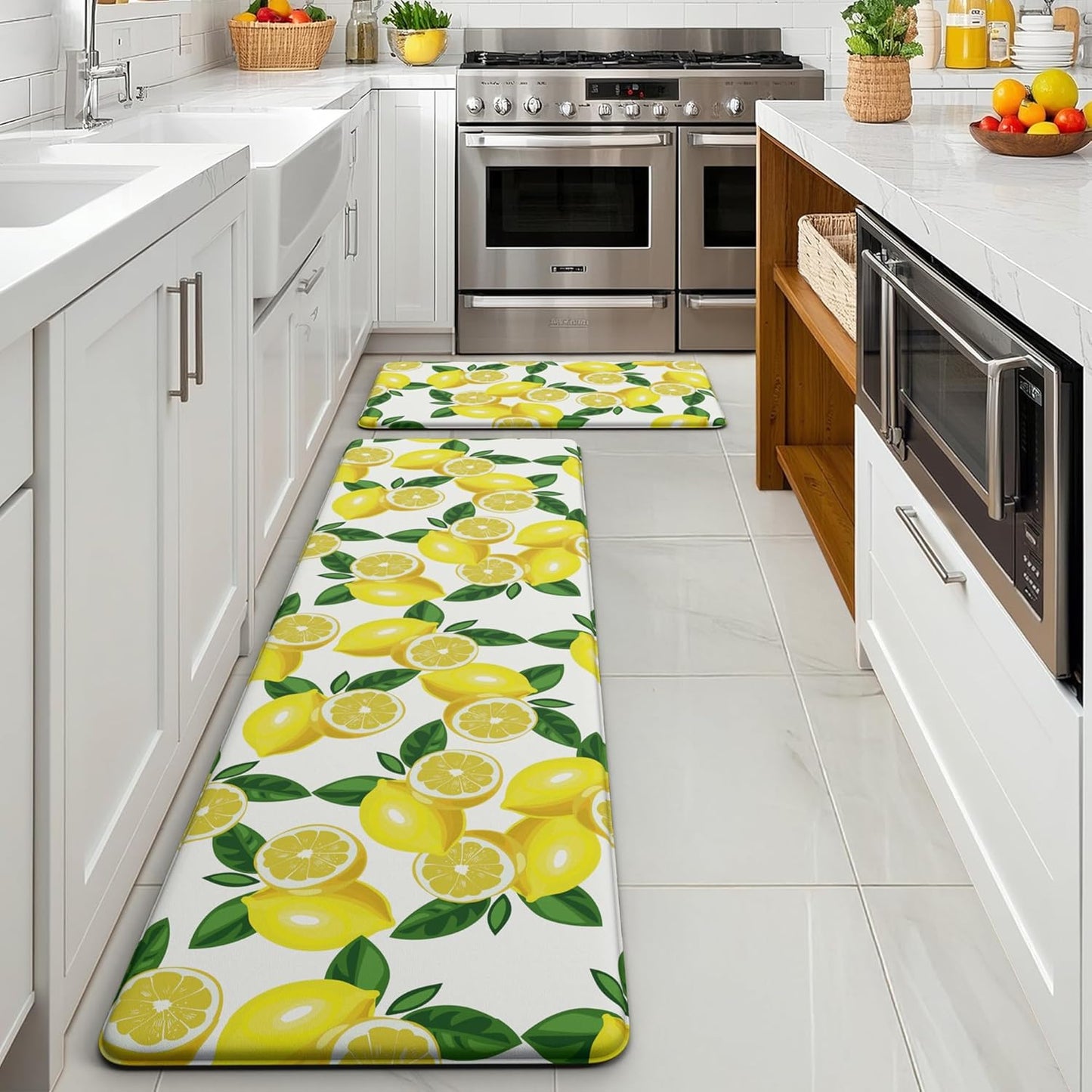 Lemon Kitchen Mat Set of 2 - Anti Fatigue Mats for Kitchen Floor - Non Slip Cushioned Rugs for Standing - Lemon Decor (17.3"×29"+17.3"×47"-0.4") White
