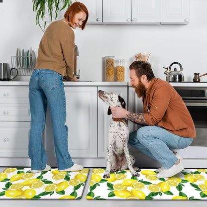 Lemon Kitchen Mat Set of 2 - Anti Fatigue Mats for Kitchen Floor - Non Slip Cushioned Rugs for Standing - Lemon Decor (17.3"×29"+17.3"×47"-0.4") White