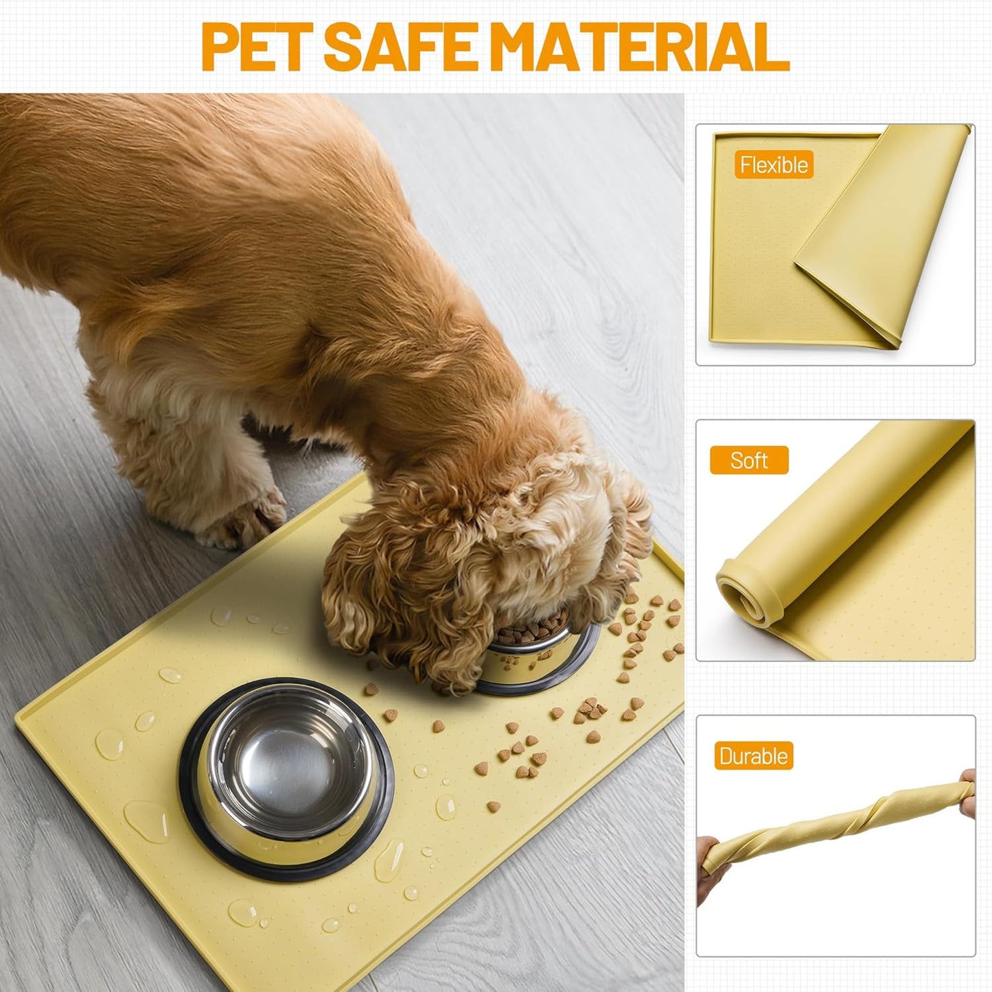 Dog Feeding Mat,100% Waterproof Food Grade Silicone Pet Food and Water Bowl Placemat,Dishwasher, High Raised Edge to Prevent Spills,Nonslip Tray to Stop Messes on Floor (24"x16"x0.5", Yellow)