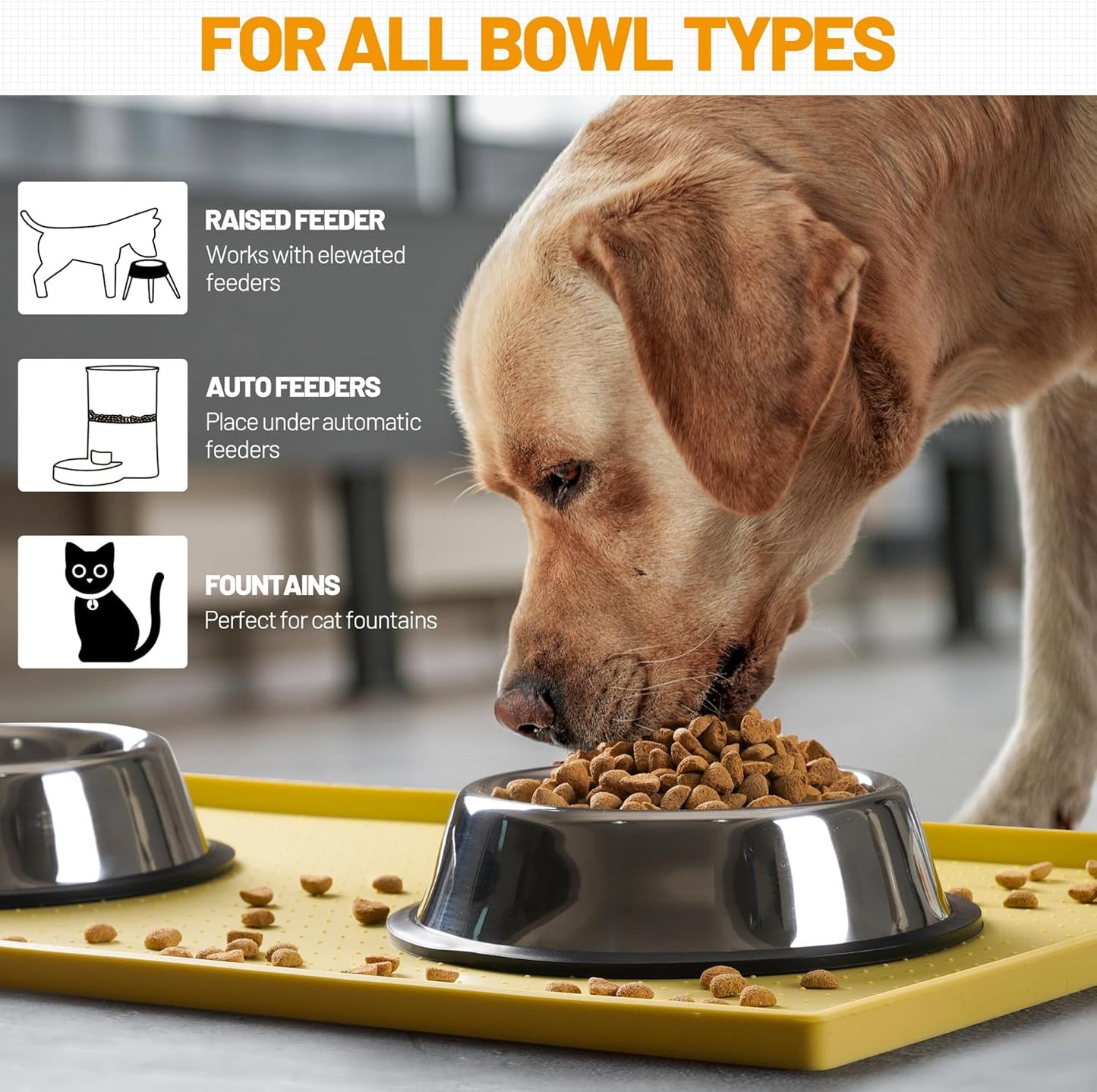 Dog Feeding Mat,100% Waterproof Food Grade Silicone Pet Food and Water Bowl Placemat,Dishwasher, High Raised Edge to Prevent Spills,Nonslip Tray to Stop Messes on Floor (24"x16"x0.5", Yellow)