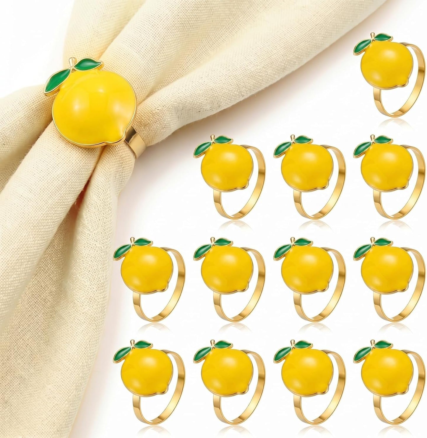 12 Pcs Lemon Napkin Rings Yellow Summer Metal Napkin Holders Farmhouse Lemon Table Decor Rustic Fruit Serviette Buckles Party Favor Gift for Garden Wedding Holiday Family Dinner Decor