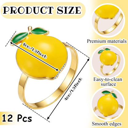 12 Pcs Lemon Napkin Rings Yellow Summer Metal Napkin Holders Farmhouse Lemon Table Decor Rustic Fruit Serviette Buckles Party Favor Gift for Garden Wedding Holiday Family Dinner Decor