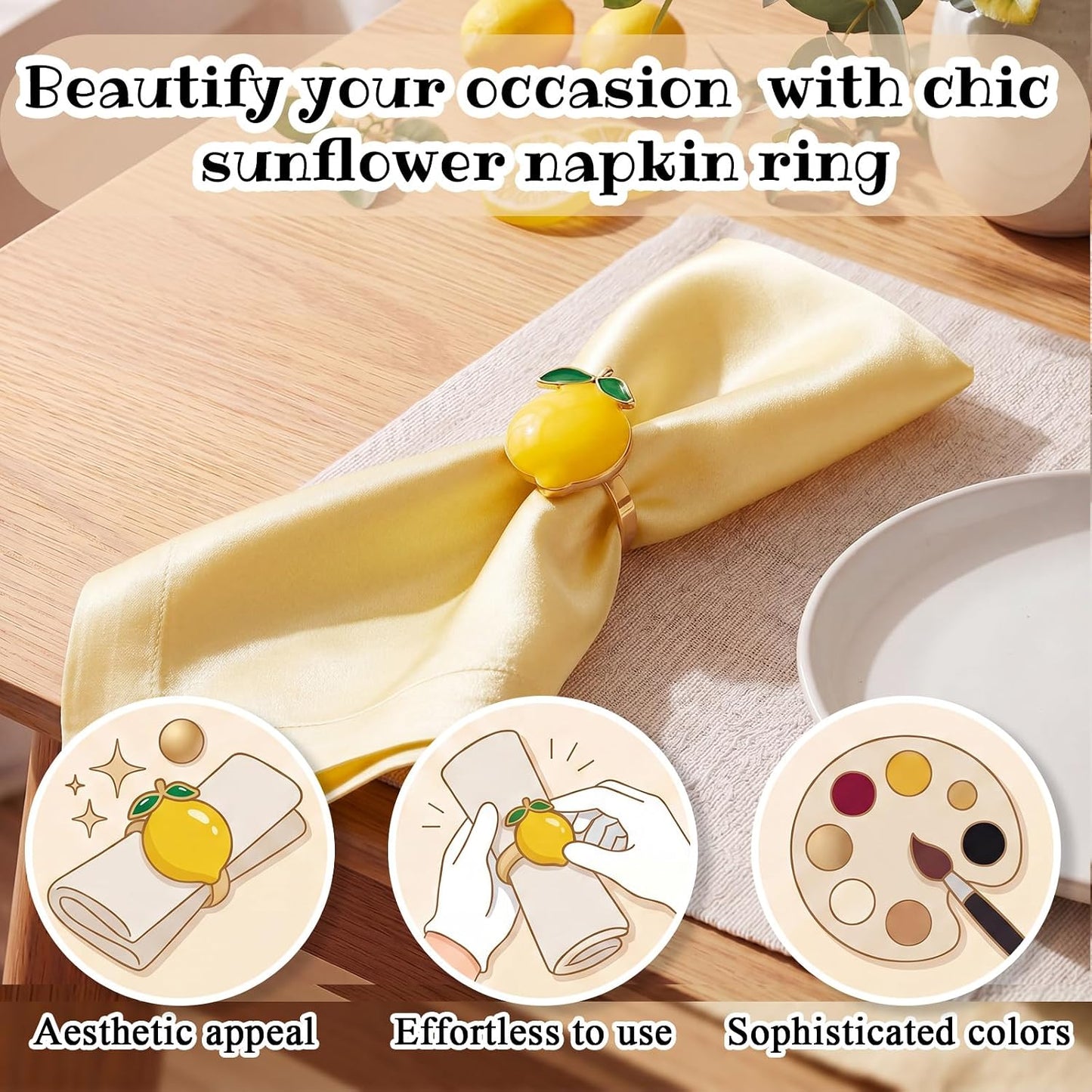 12 Pcs Lemon Napkin Rings Yellow Summer Metal Napkin Holders Farmhouse Lemon Table Decor Rustic Fruit Serviette Buckles Party Favor Gift for Garden Wedding Holiday Family Dinner Decor