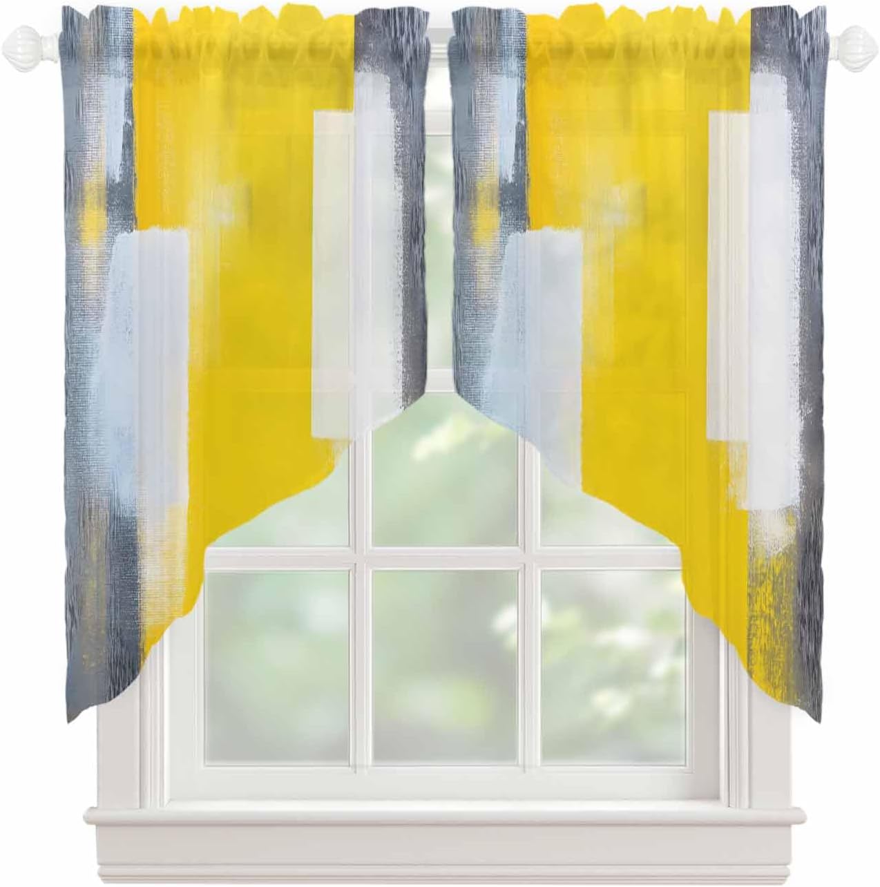Gray Yellow White Geometric Sheer Curtains Swag Valances for Windows Gradient Abstract Mottled Paint Texture Rod Pocket Swag Curtain Small Window Curtain for Kitchen Living Room, 1 Pair 28"W x 36"L