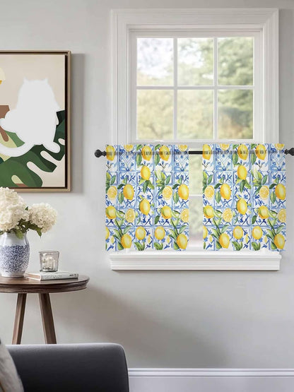 Yellow Lemon Sheer Tier Curtains 24 Inch Length, Botanical Spring Leaves Abstract Blue Tile Cafe Curtains Light Filtering, Sheer Voile Small Window Curtain 2 Panels, 27.5" x 24"