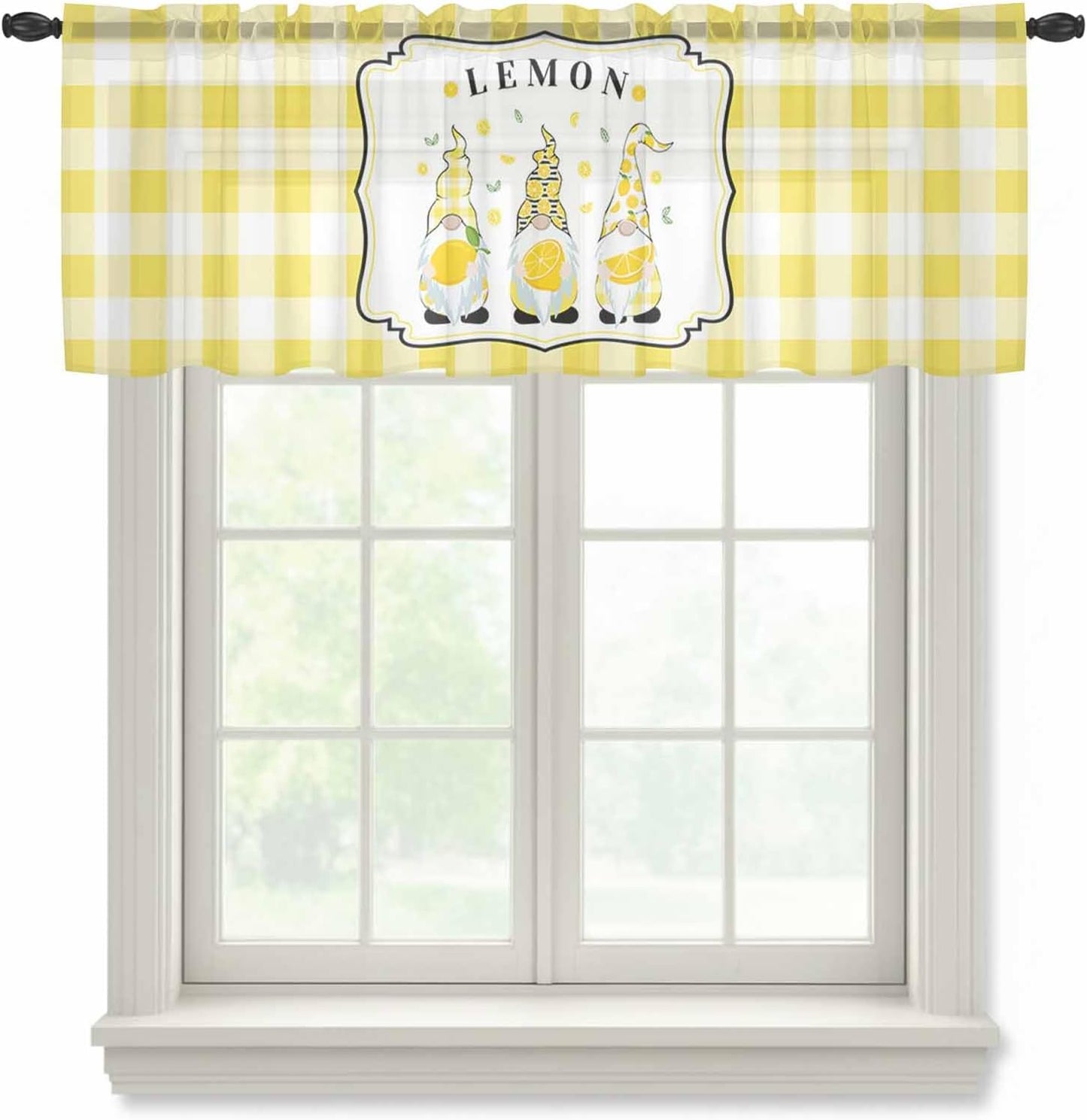 Sheer Window Valance Lemon and Gnomes Semi Voile Short Curtain Rod Pocket Yellow Check Plaid Buffalo Valances Window Treatment for Bedroom Living Room Kitchen 54x18in