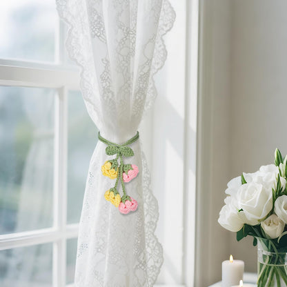 Flower Curtain Tiebacks, 4pcs Lily-of-The-Valley Curtains Holdbacks, Cute Curtain Holdbacks - No Drill Rope Holder, Drape Knitting Handmade for Nursery&Children's Room Decor (Pinkish/Yellow)