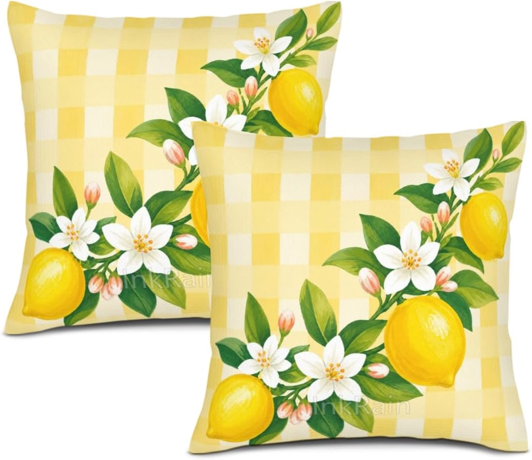 InkRain Lemon Fruit Branch White Blossom Yellow Gingham Check Pattern Pillow Cover 12x12 Inch Set of 2 Home Decor Summer Spring Kitchen Living House Room Sofa Decorative