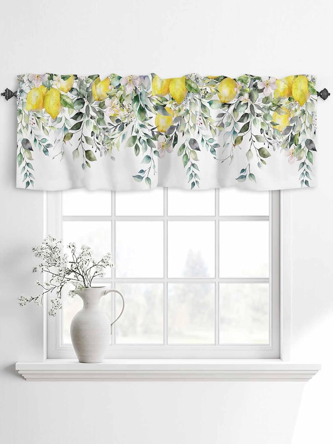 2 Pack Yellow Lemon Kitchen Valances for Windows, Nature Eucalyptus Leaves Short Valance Curtains Rod Pocket Window Treatments Watercolor Flowers Valances for Living Room Bedroom 42x12 Inch, 2 Panels