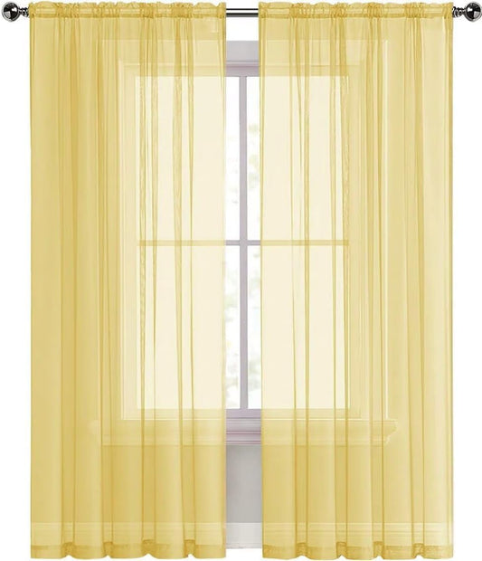 SpaceDresser Sheer Voile Window Treatment Rod Pocket Curtain Panels for Kitchen Bedroom Living Room Drapes Sunlight Filtering Privacy Semi Home Decor Assorted Colors Sizes (Yellow, 52 W x 84 L)