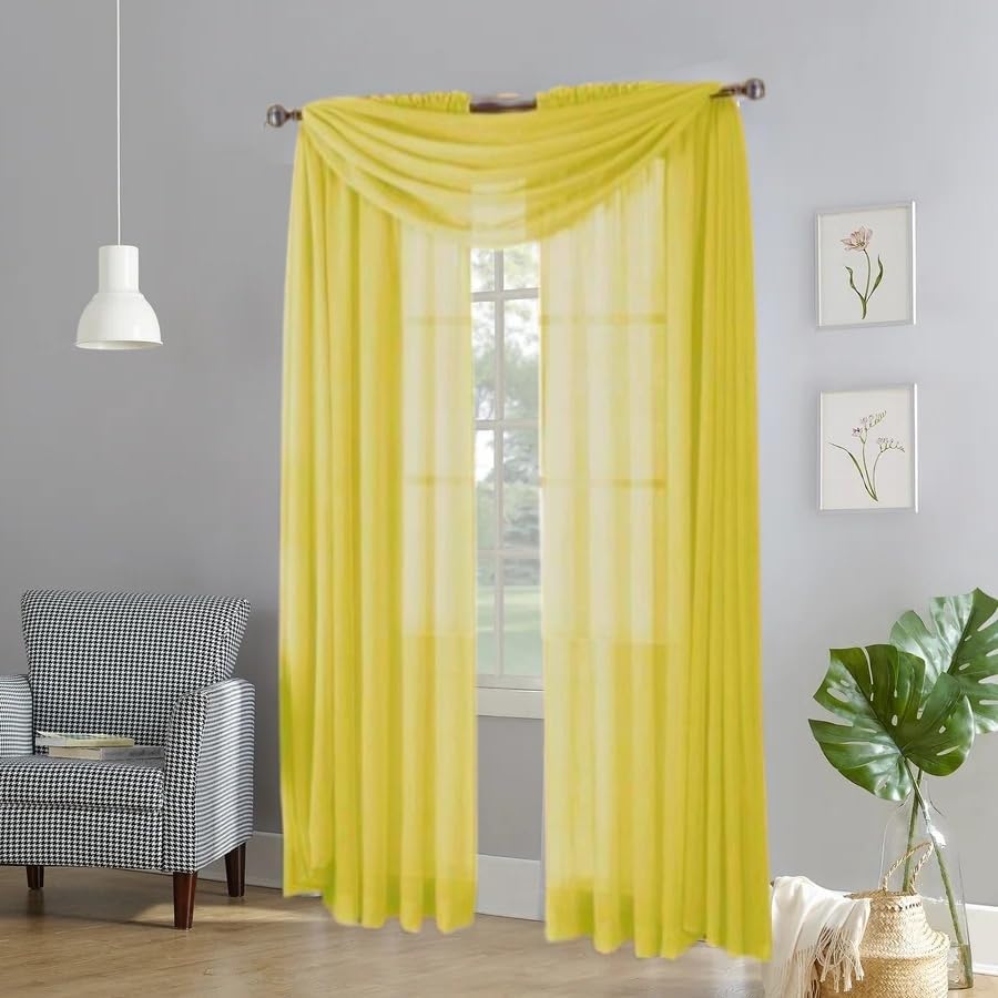 3 Piece Wide Sheer Voile Scarf Valance Window Curtain 1 Scarf and 2 Tiers Lily (Yellow)