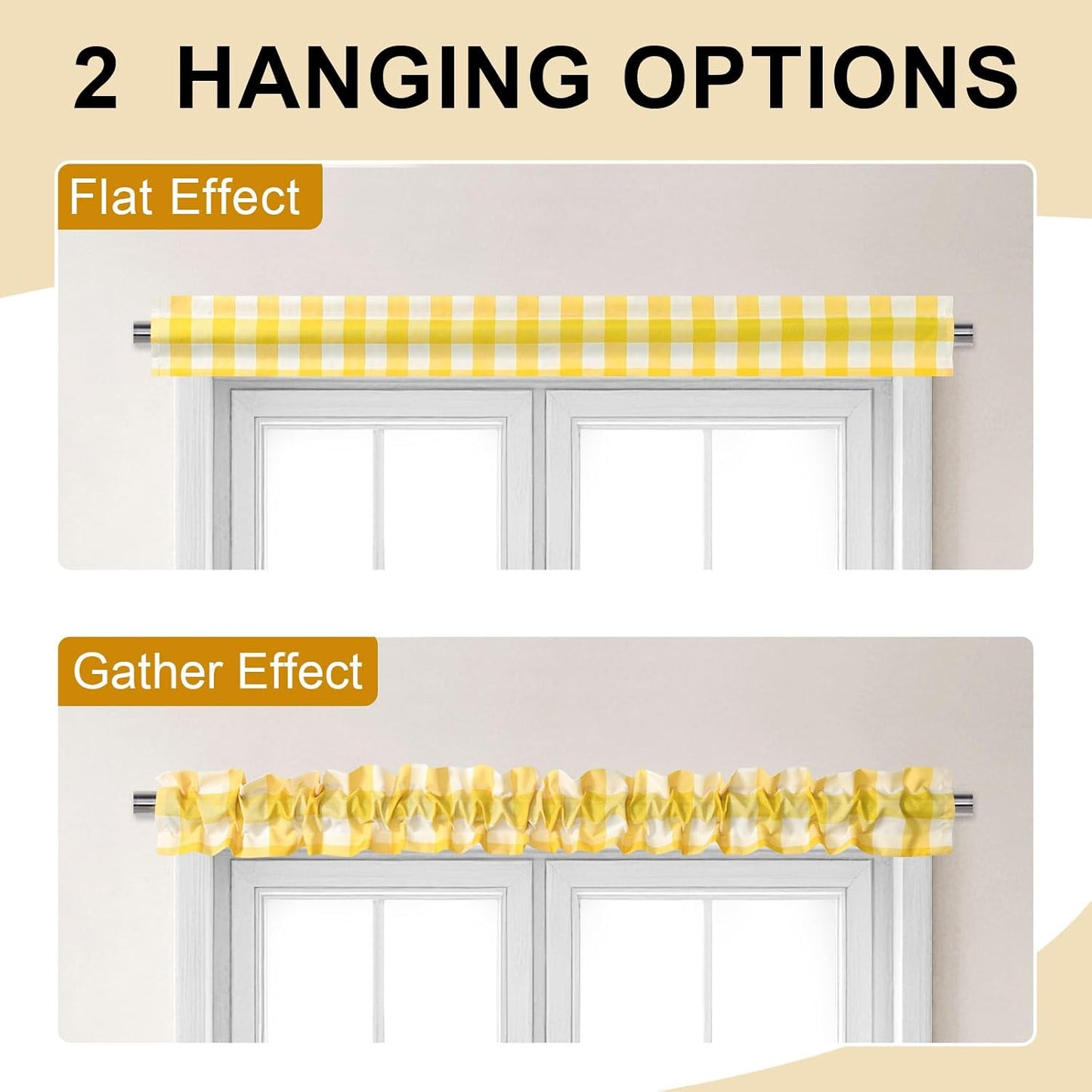 XWZO Sleeve Topper with Top Bottom Ruffle Sleeves Valances Home Décor Window Treatment Bedroom Nursery Kitchen Window Curtain Header, 58" x 5",1 Piece, Checkered-Yellow & White