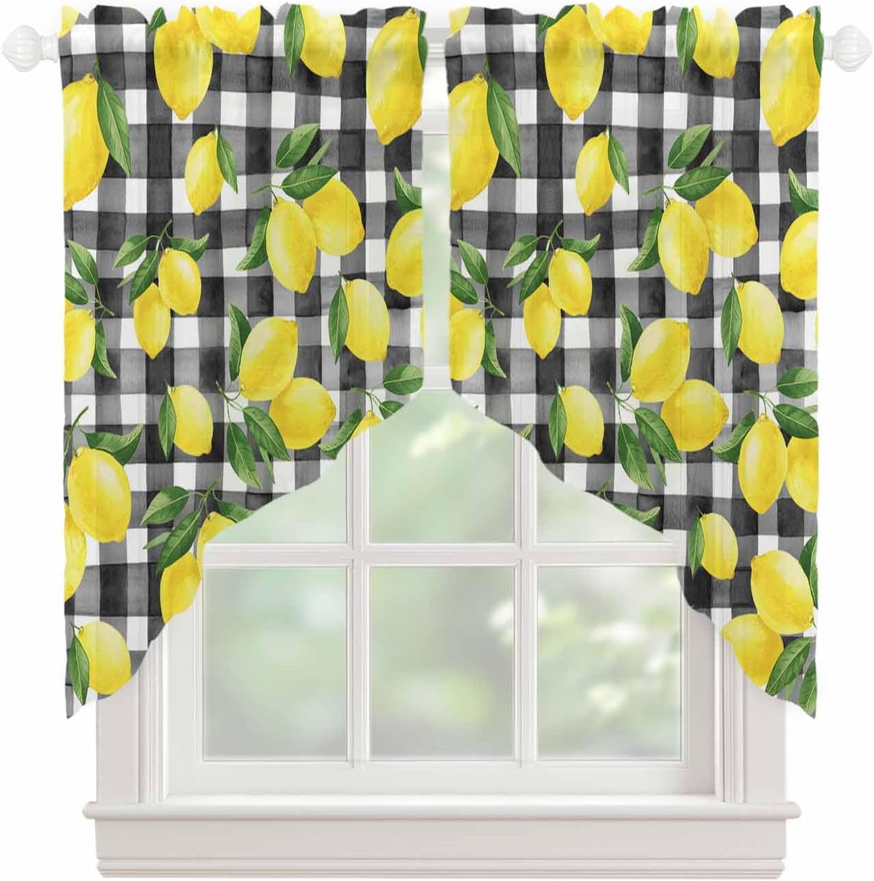 Yellow Lemon Swag Valances for Windows Summer Fruit Black Buffalo Plaid Country Semi Sheer Valance Curtains Voile Swags Topper Curtain for Kitchen Living Room Bedroom, 2 Panels, 36x36 Inch