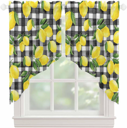 Yellow Lemon Swag Valances for Windows Summer Fruit Black Buffalo Plaid Country Semi Sheer Valance Curtains Voile Swags Topper Curtain for Kitchen Living Room Bedroom, 2 Panels, 36x36 Inch