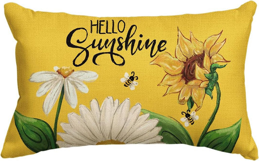 AVOIN colorlife Hello Sunshine Daisy Sunflower Bee Throw Pillow Cover, 12 x 20 Inch Summer Party Holiday Yellow Cushion Case Decoration for Sofa Couch