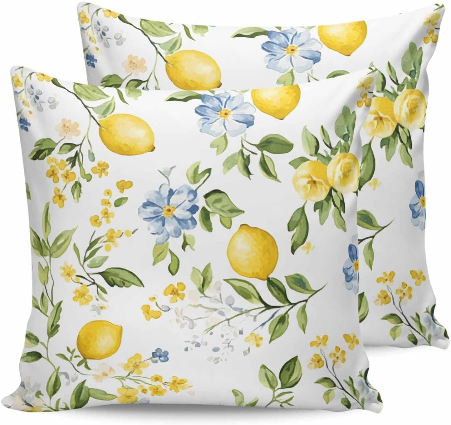 Lemon Outdoor Waterproof Pillow Covers Pack of 2, Summer Yellow Fruit Blue Flowers Leaves Farmhouse Decorative Throw Pillowcases Polyester Cushion Covers for Garden Patio Tent Sofa Couch, 16x16 inch