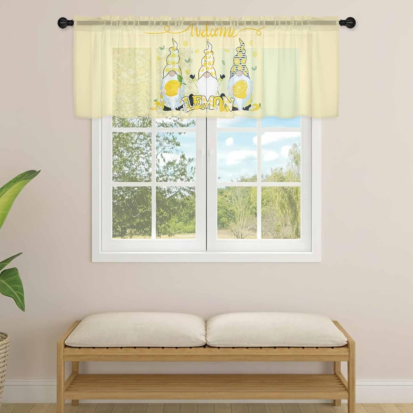 Sheer Window Valance Fruit Lemon Gnome Semi Voile Short Curtain Rod Pocket Farmhouse Plants Green Leaves Yellow Valances Window Treatment for Bedroom Living Room Kitchen 54x18in
