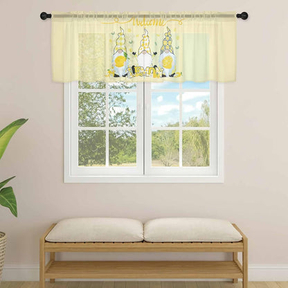 Sheer Window Valance Fruit Lemon Gnome Semi Voile Short Curtain Rod Pocket Farmhouse Plants Green Leaves Yellow Valances Window Treatment for Bedroom Living Room Kitchen 54x18in