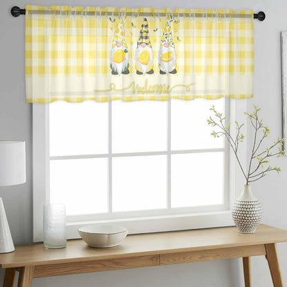 Lemon Dwarfs Sheer Valance Curtains, Gnome Green Leaf Yellow Plaid Welcome Light Filtering Kitchen Valances Rod Pocket Voile Curtain Window Treatment for Bedroom/Living Room/Basement 54Wx18L