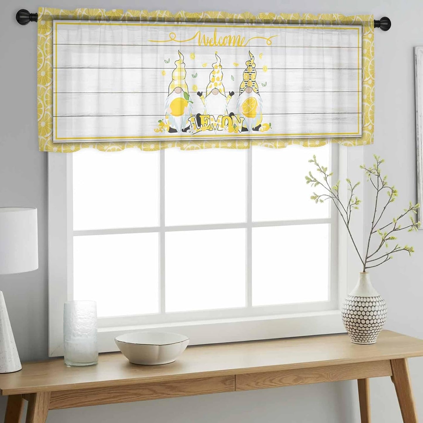 Sheer Window Valance Fruit Lemon Gnome Semi Voile Short Curtain Rod Pocket Farmhouse Plants Wood Grain Valances Window Treatment for Bedroom Living Room Kitchen 54x18in