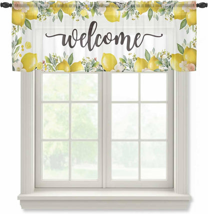 Country Sheer Curtain 18 Inch Long Welcome Yellow Lemon Farm White Background Light Filtering Rod Pocket Voile Curtain Valance for Bedroom Kitchen Cafe Window 54" W x 18" L