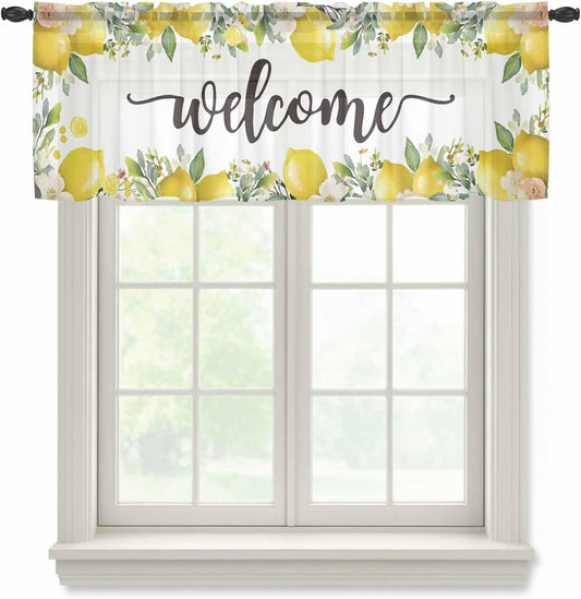 Country Sheer Curtain 18 Inch Long Welcome Yellow Lemon Farm White Background Light Filtering Rod Pocket Voile Curtain Valance for Bedroom Kitchen Cafe Window 54" W x 18" L