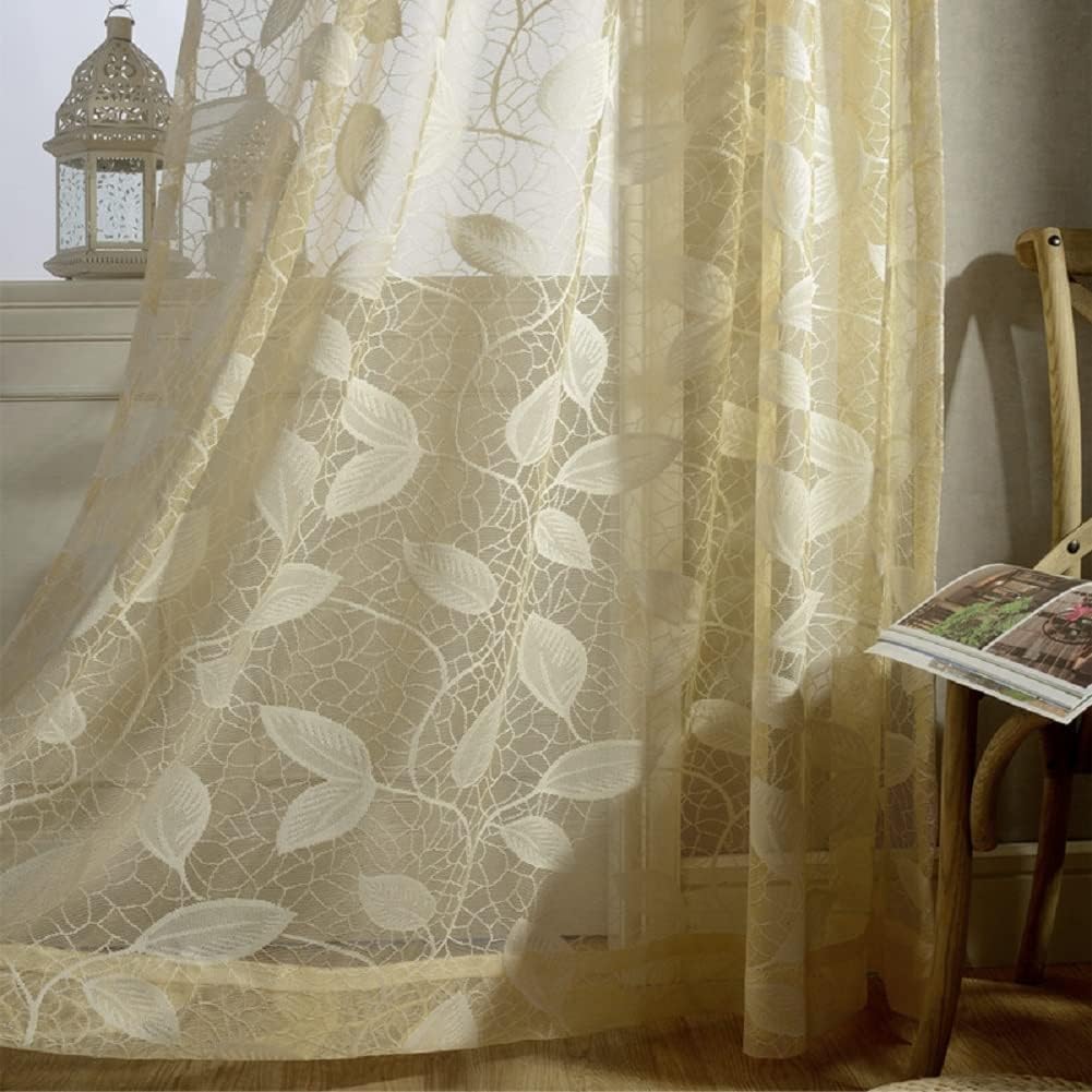 HooHero Gorgeous Sheer Curtains Voile Curtain Rod Pocket Floral Pattern Jacquard Design Lace Tulle Panel for Living Dining Room Bedroom Kitchen(1 Panel, W 52 x L 72 inch, Yellow)