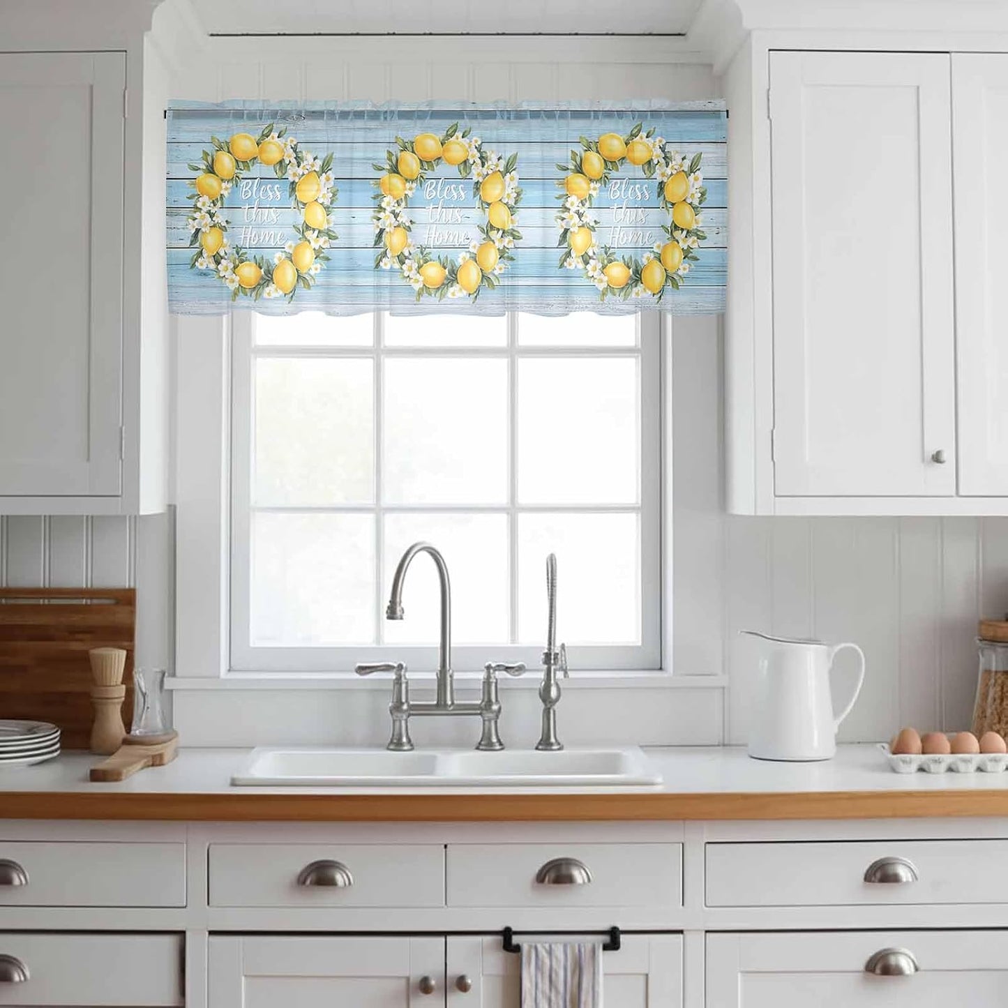 Country Bless This Home Sheer Curtain 18 Inch Long Yellow Lemon Blue Wood Grain Light Filtering Rod Pocket Voile Curtain Valance for Bedroom Kitchen Cafe Window 54" W x 18" L