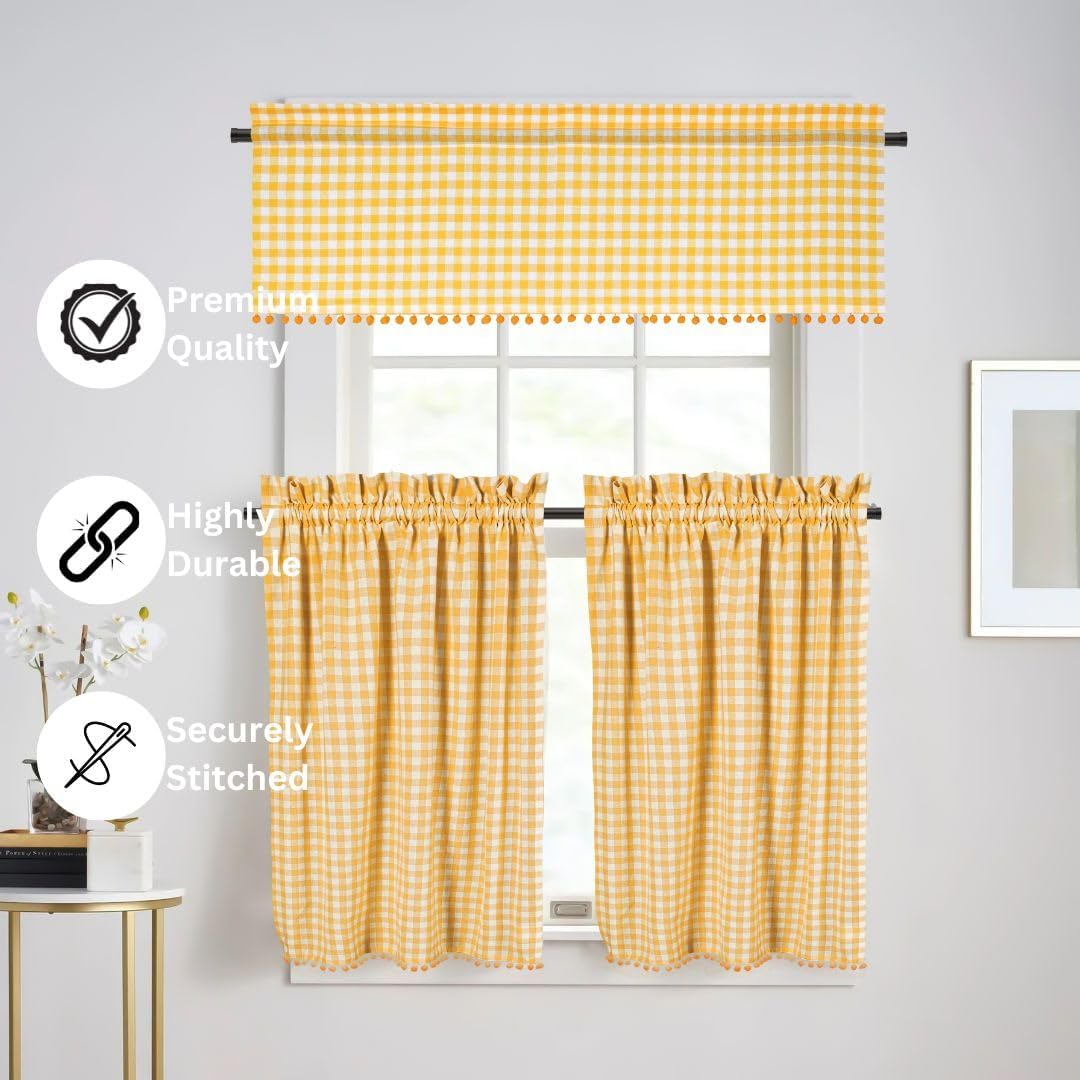 2 Panels Curtain Valances for Kitchen Windows, Bathroom, Living Rooms - Rod Pocket Short Curtain Topper Window Treatment - Farmhouse Rustic Window Valances (2 Pack, W60 x L14, Yellow)