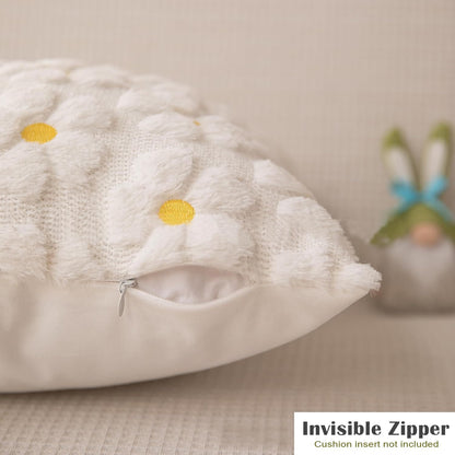 Farmhouse Throw Pillow Cover Yellow White Daisy - 18 x 18 Inch Plush Faux Fur Jacquard Cushion Cover - Set of 2 Artificial fur Embroidery Flower Cushion Case for Livingroom Bed Couch Decor