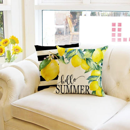 Ogiselestyle Watercolor Stripes Lemon Hello Summer Throw Pillow Cover, 18 x 18 Inch Buffalo Plaid Lemons Cushion Case for Sofa Couch Set of 4