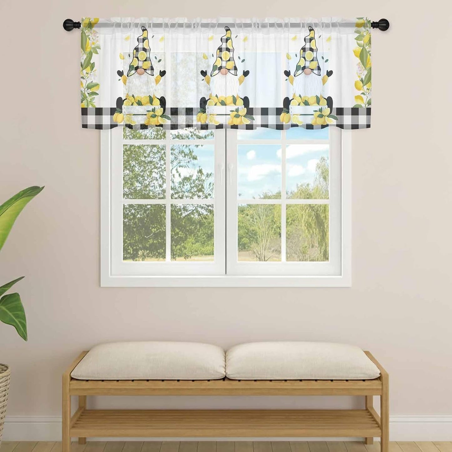 Lemon Gnomes Sheer Curtains Valances for Windows Summer Botanical Yellow Fruit Black Lattice Chiffon Kitchen Valances for Cafe, Voile Window Treatments Curtains for Living Room Bedroom, 54"x18"