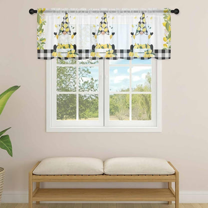 Lemon Gnome Sheer Valance Curtains, Green Leaf Black Plaid Farm Fruit Idyllic Wind Light Filtering Kitchen Valances Rod Pocket Voile Curtain Window Treatment for Bedroom/Living Room/Basement 54Wx18L