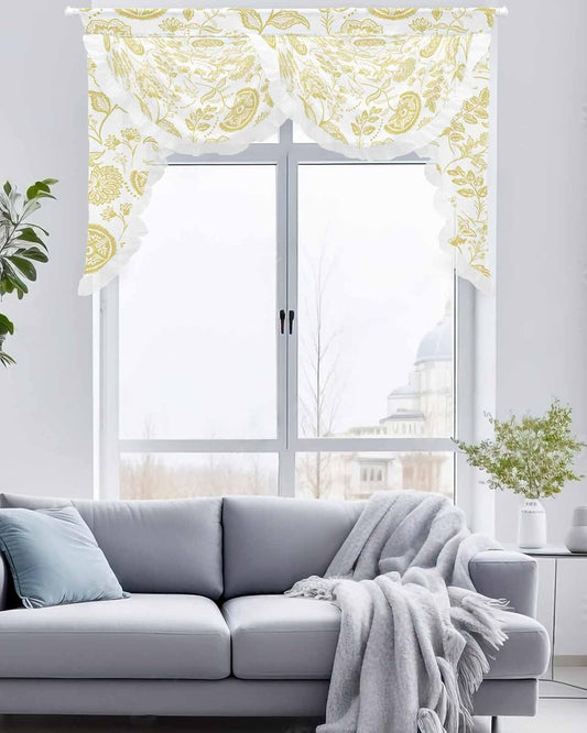 Boho Yellow Floral Swag Waterfall Valances for Living Room Bedroom Kitchen Windows,Vintage Farmhouse Paisley Plant Leaf Semi-Sheer Rod Pocket Curtains Light-filtering Drape with Lace,59"Wx41.3"L