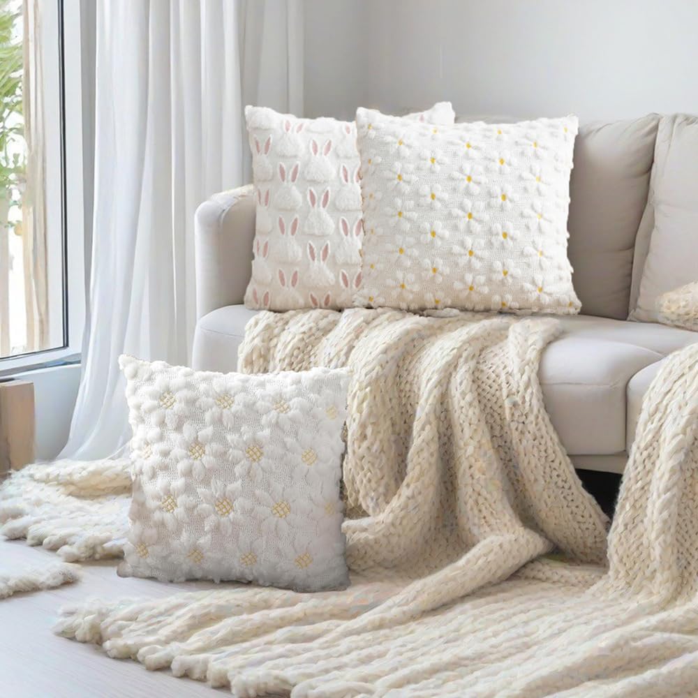 Farmhouse Throw Pillow Cover Yellow White Daisy - 18 x 18 Inch Plush Faux Fur Jacquard Cushion Cover - Set of 2 Artificial fur Embroidery Flower Cushion Case for Livingroom Bed Couch Decor
