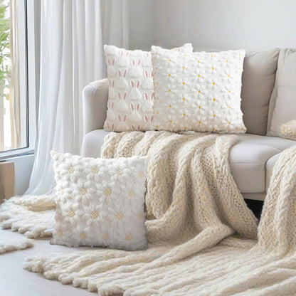 Farmhouse Throw Pillow Cover Yellow White Daisy - 18 x 18 Inch Plush Faux Fur Jacquard Cushion Cover - Set of 2 Artificial fur Embroidery Flower Cushion Case for Livingroom Bed Couch Decor
