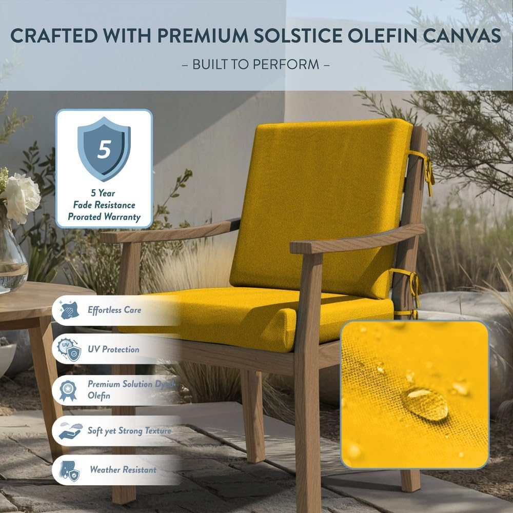 California Umbrella Outdoor Dining Chair, Patio Seat Cushion, 20 x 40 Inch, Premium Outdoor Memory Foam, Fade Resistant, Solstice Olefin Fabric, Fabric Ties, Lemon