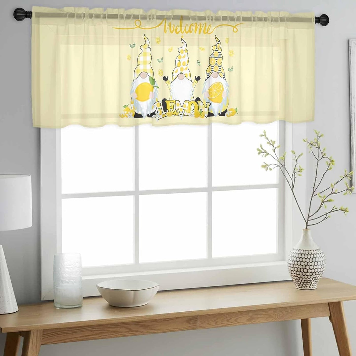 Sheer Window Valance Fruit Lemon Gnome Semi Voile Short Curtain Rod Pocket Farmhouse Plants Green Leaves Yellow Valances Window Treatment for Bedroom Living Room Kitchen 54x18in