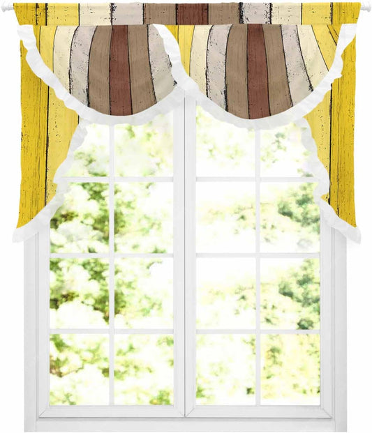 Yellow Brown Wooden Swag Waterfall Valances for Living Room Bedroom Kitchen Windows,Vintage Rustic Farmhouse Wood Plank Semi-Sheer Rod Pocket Curtains Drape with Lace Decorations,59"Wx41.3"L
