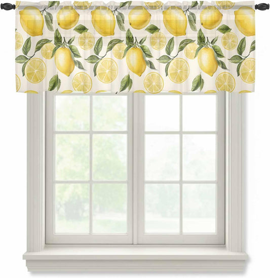 Country Watercolor Sheer Curtain 18 Inch Long Lemon Slice Fruit Leaf Beige Farmhouse Light Filtering Rod Pocket Voile Curtain Valance for Bedroom Kitchen Cafe Window 54" W x 18" L