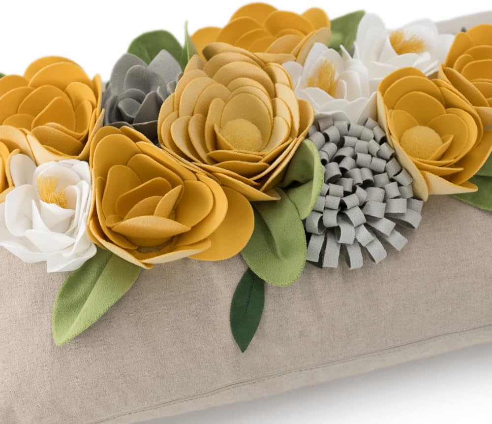 OiseauVoler Decorative 3D Flower Throw Pillow Covers 12x20 Inch Yellow | Accent Floral Pillowcases for Couch Bed Living Room Farmhouse Home Decor