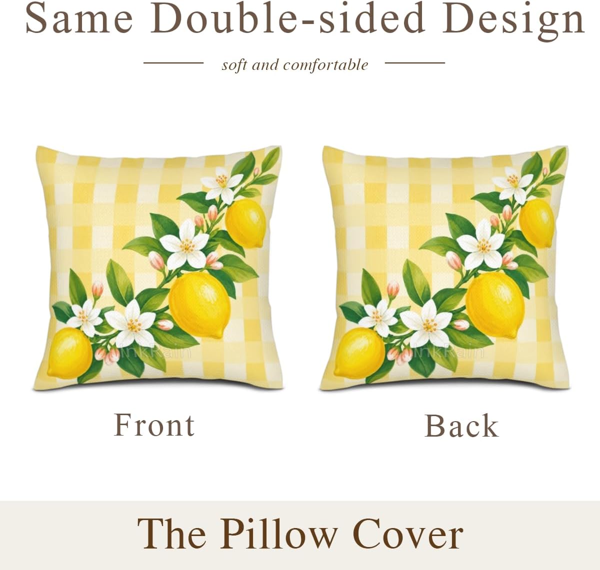InkRain Lemon Fruit Branch White Blossom Yellow Gingham Check Pattern Pillow Cover 12x12 Inch Set of 2 Home Decor Summer Spring Kitchen Living House Room Sofa Decorative