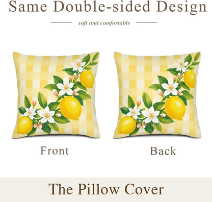 InkRain Lemon Fruit Branch White Blossom Yellow Gingham Check Pattern Pillow Cover 12x12 Inch Set of 2 Home Decor Summer Spring Kitchen Living House Room Sofa Decorative