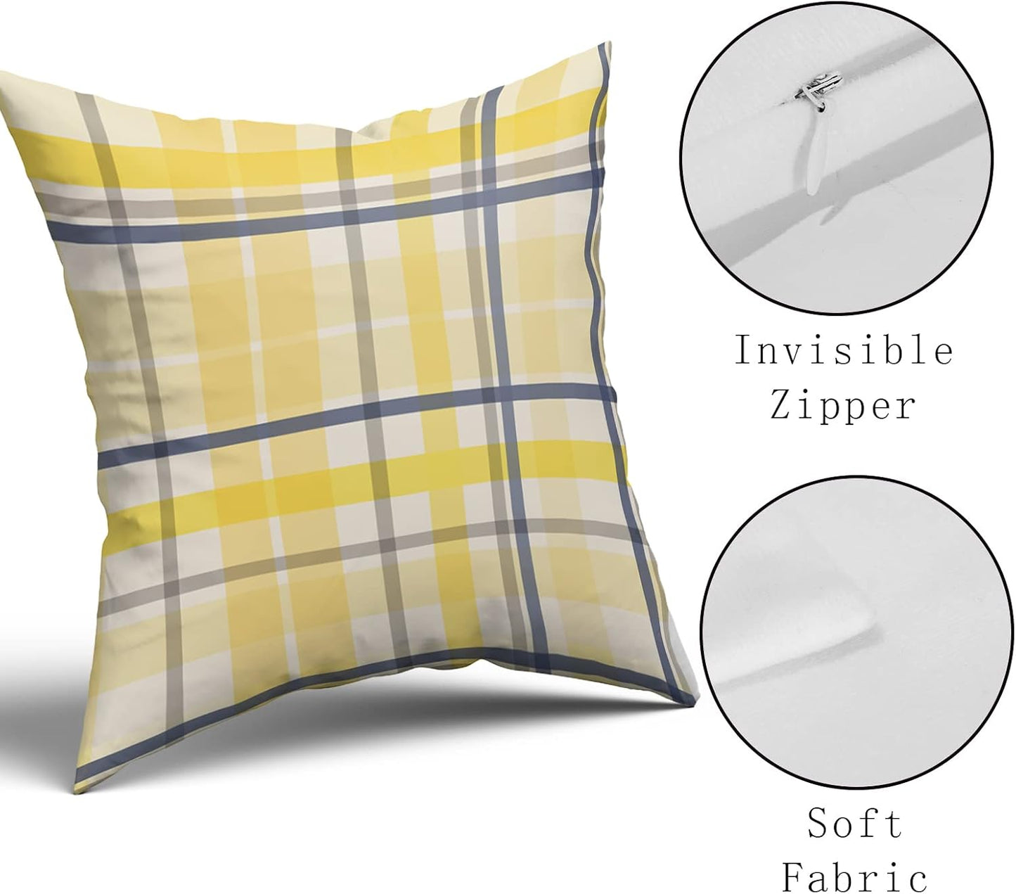 Yellow Navy Blue Pillow Covers 18x18 Set of 2 Light Yellow Grey Buffalo Plaid Decorative Throw Pillows Spring Summer Decorations Pillowcase Cotton Square Cushion Cover Decor for Home Couch Bed Soft