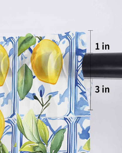 Yellow Lemon Sheer Tier Curtains 24 Inch Length, Botanical Spring Leaves Abstract Blue Tile Cafe Curtains Light Filtering, Sheer Voile Small Window Curtain 2 Panels, 27.5" x 24"