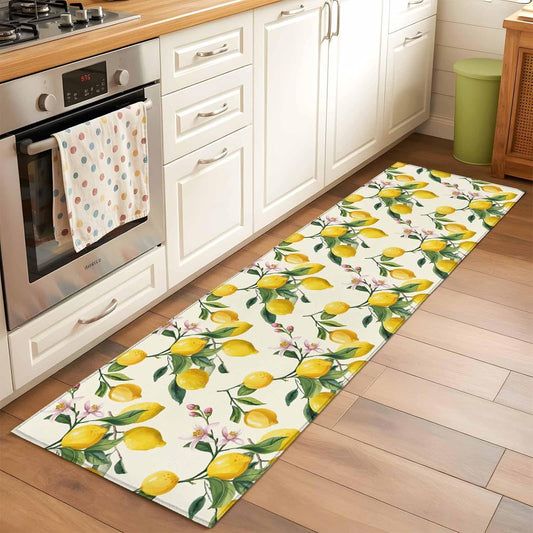 Area Rugs 2x6 for Kitchen Runner Rug, Lemons Non Slip Washable Rug Runner, Summer Botanical Yellow Fruit Leaves Flowers Low Pile Indoor Floor Carpet Mat Bathroom Rugs for Bedroom, Kids Room