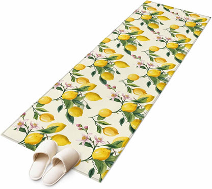 Area Rugs 2x6 for Kitchen Runner Rug, Lemons Non Slip Washable Rug Runner, Summer Botanical Yellow Fruit Leaves Flowers Low Pile Indoor Floor Carpet Mat Bathroom Rugs for Bedroom, Kids Room