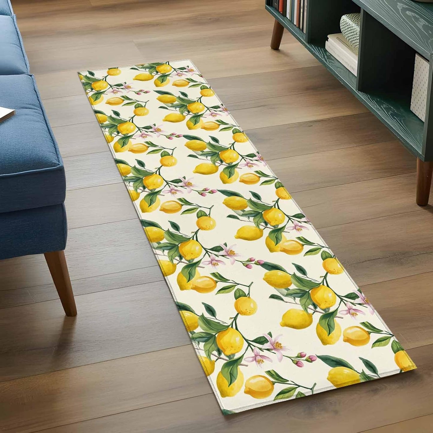 Area Rugs 2x6 for Kitchen Runner Rug, Lemons Non Slip Washable Rug Runner, Summer Botanical Yellow Fruit Leaves Flowers Low Pile Indoor Floor Carpet Mat Bathroom Rugs for Bedroom, Kids Room
