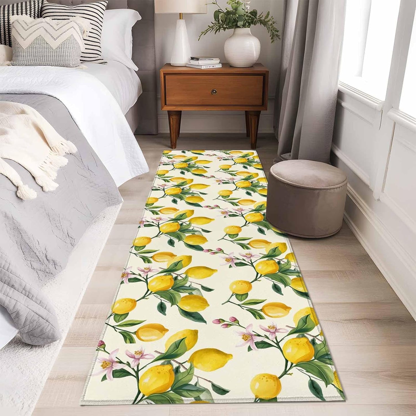 Area Rugs 2x6 for Kitchen Runner Rug, Lemons Non Slip Washable Rug Runner, Summer Botanical Yellow Fruit Leaves Flowers Low Pile Indoor Floor Carpet Mat Bathroom Rugs for Bedroom, Kids Room