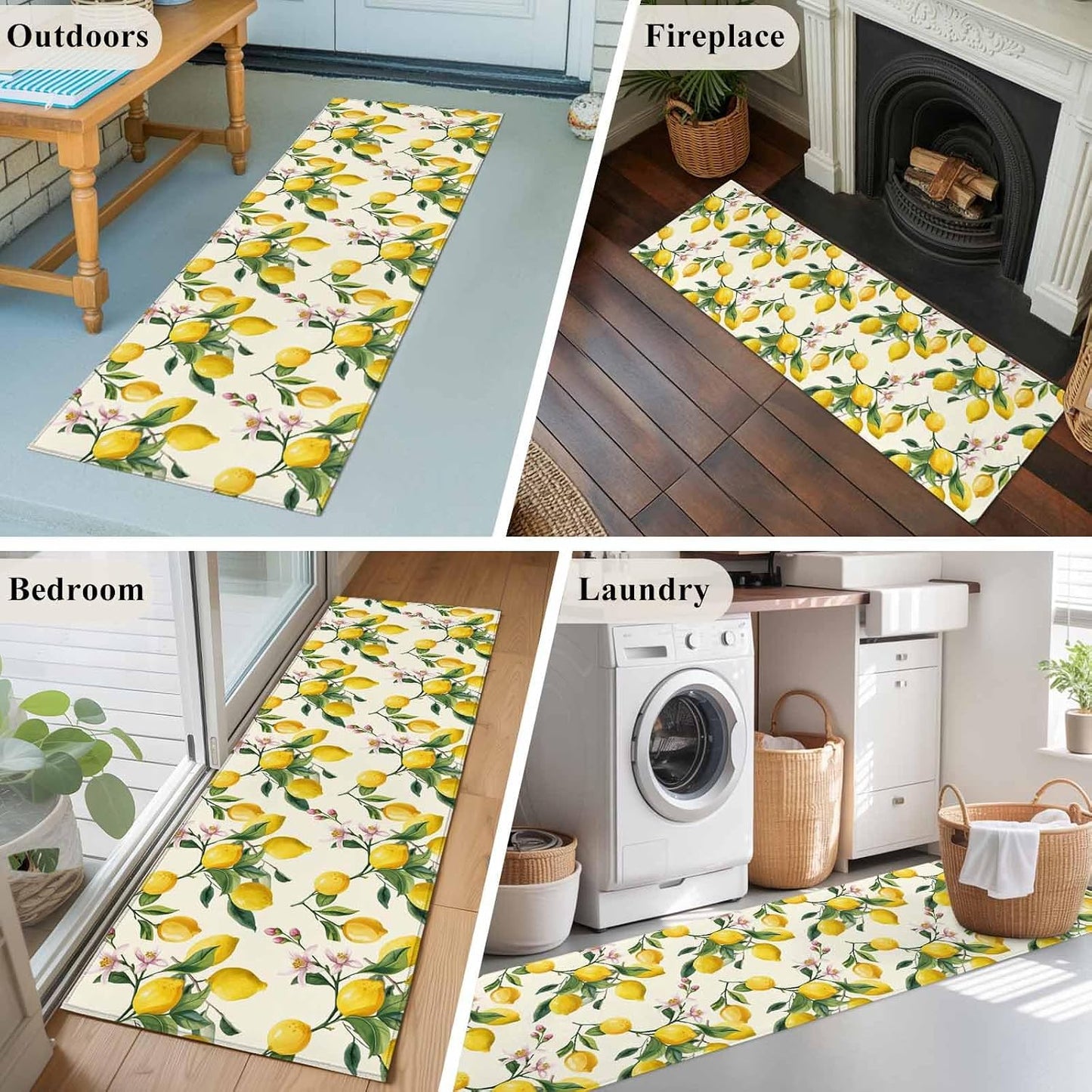 Area Rugs 2x6 for Kitchen Runner Rug, Lemons Non Slip Washable Rug Runner, Summer Botanical Yellow Fruit Leaves Flowers Low Pile Indoor Floor Carpet Mat Bathroom Rugs for Bedroom, Kids Room